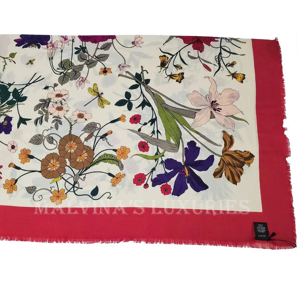 GUCCI SCARF MISS FLORA PRINT SHAWL WOOL SILK PINK BORDER SQUARE sz 55" - Picture 9 of 13
